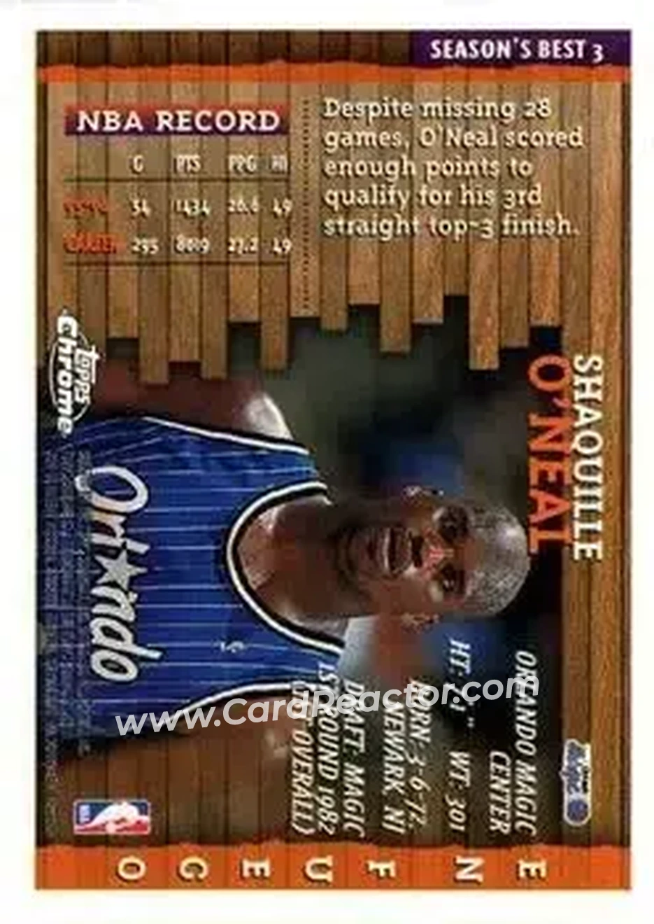 1996-97 Topps Chrome - Season's Best #3 - Shaquille O'Neal - Orlando Magic - Back