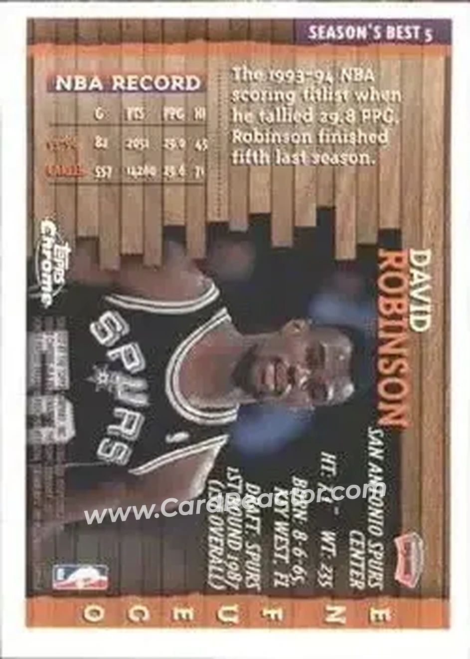 1996-97 Topps Chrome - Season's Best #5 - David Robinson - San Antonio Spurs - Back