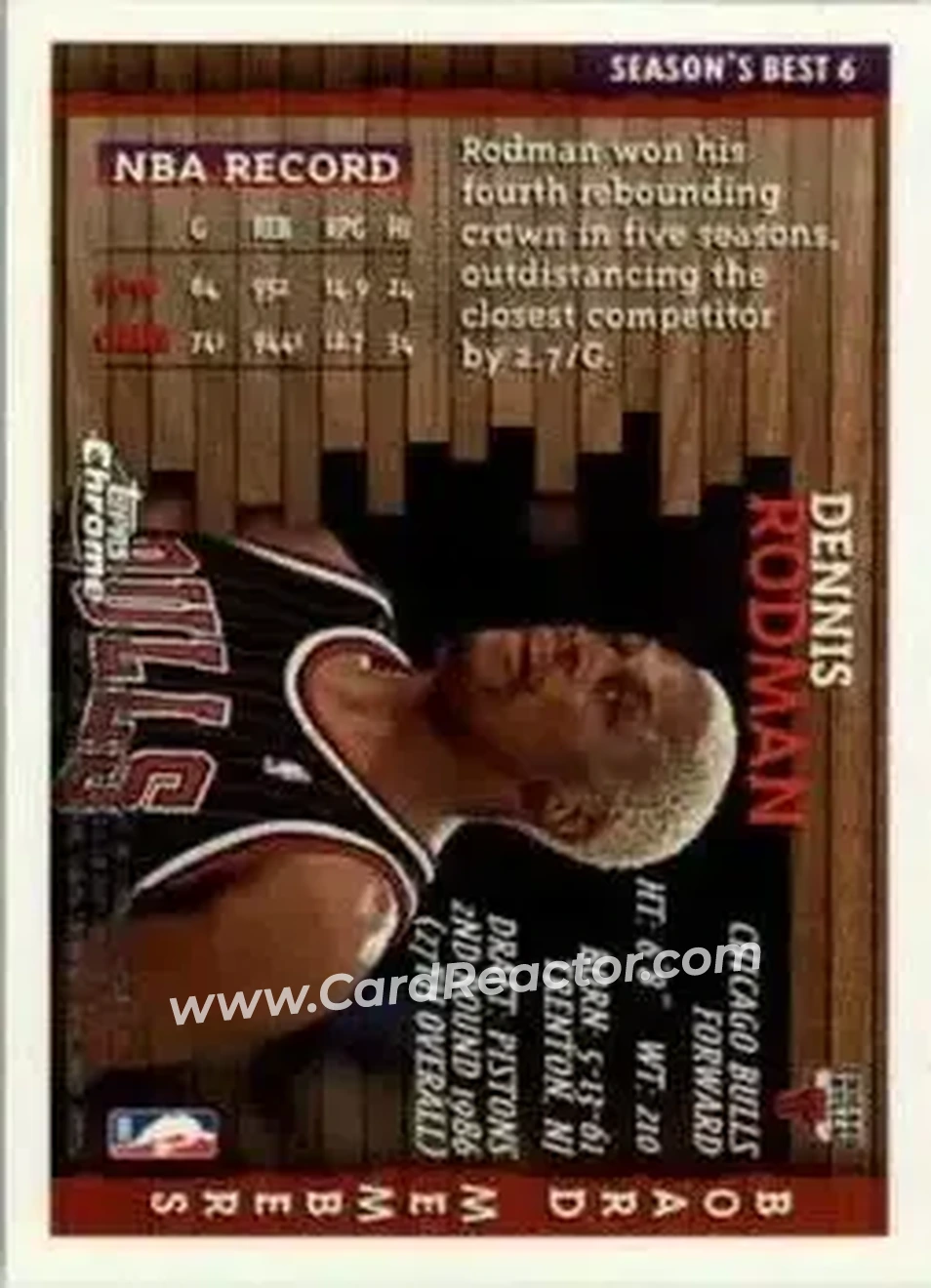 1996-97 Topps Chrome - Season's Best #6 - Dennis Rodman - Chicago Bulls - Back
