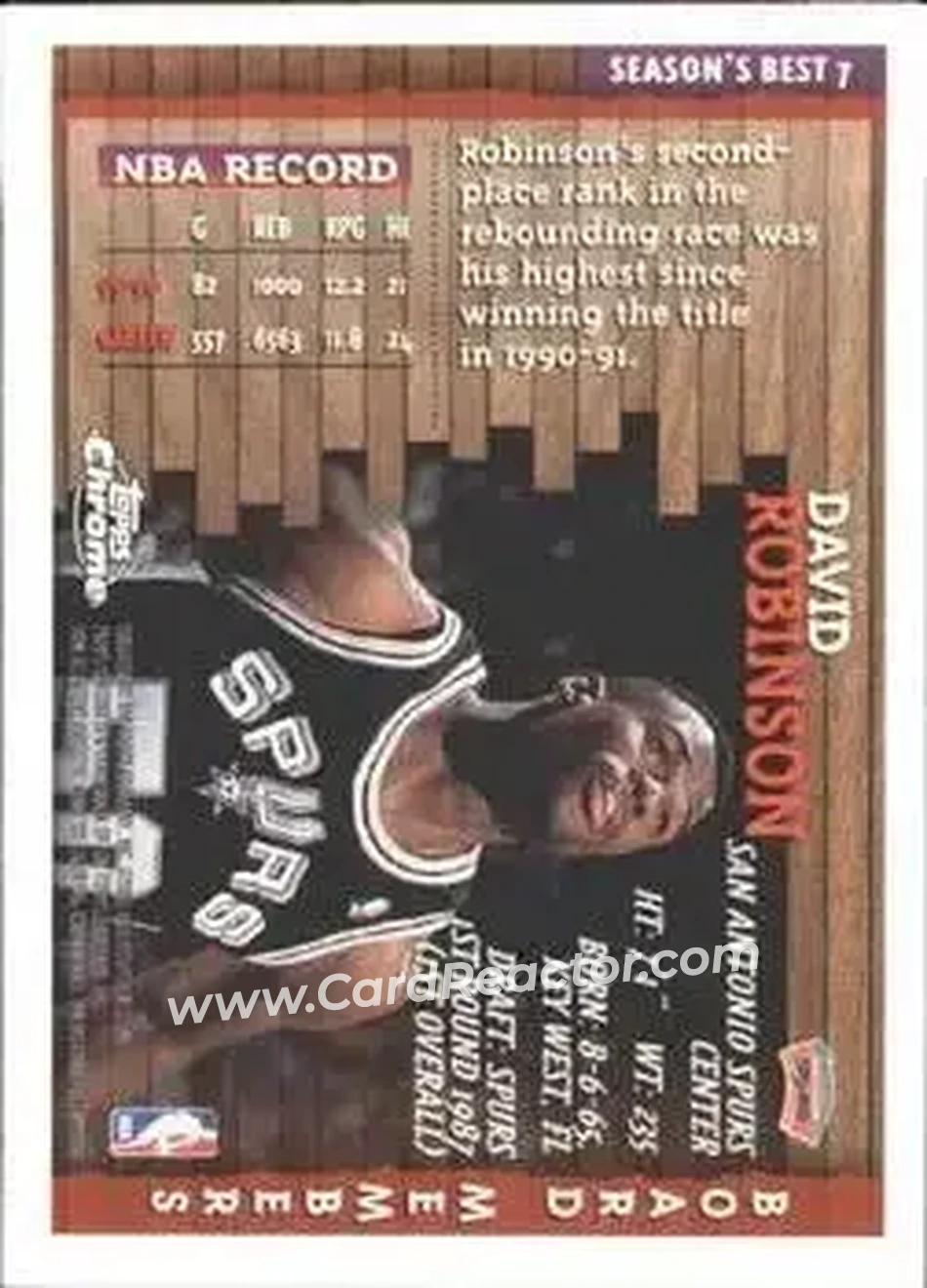 1996-97 Topps Chrome - Season's Best #7 - David Robinson - San Antonio Spurs - Back 1996-97 Topps Chrome - Season's Best #7 - David Robinson - San Antonio Spurs - Back