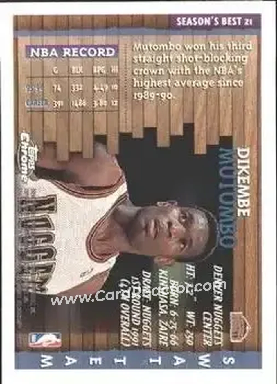 1996-97 Topps Chrome - Season's Best #21 - Dikembe Mutombo - Denver Nuggets - Back