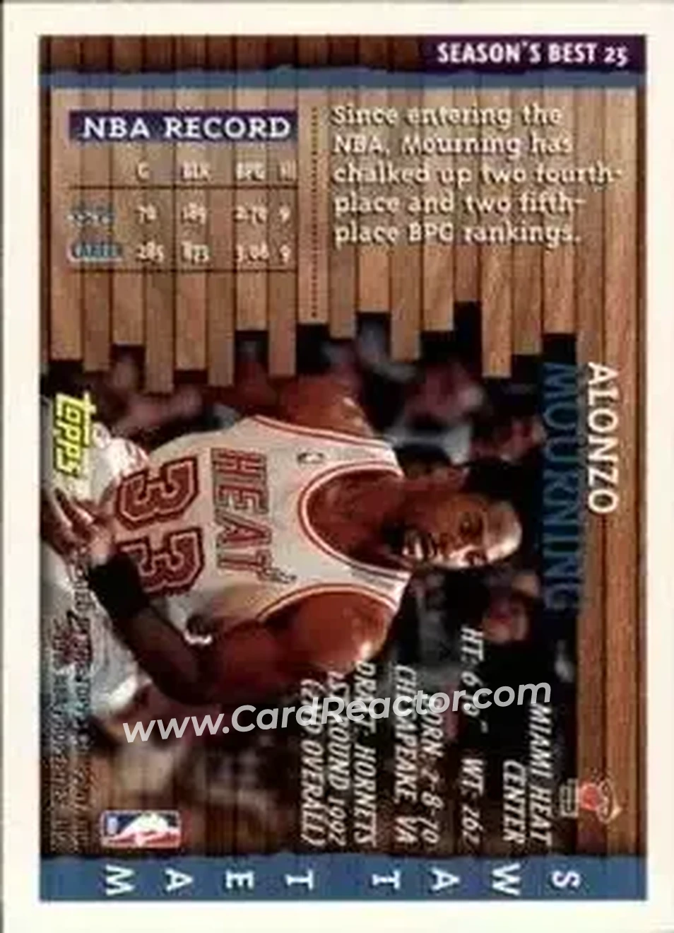 1996-97 Topps Chrome - Season's Best #25 - Alonzo Mourning - Miami Heat - Back 1996-97 Topps Chrome - Season's Best #25 - Alonzo Mourning - Miami Heat - Back