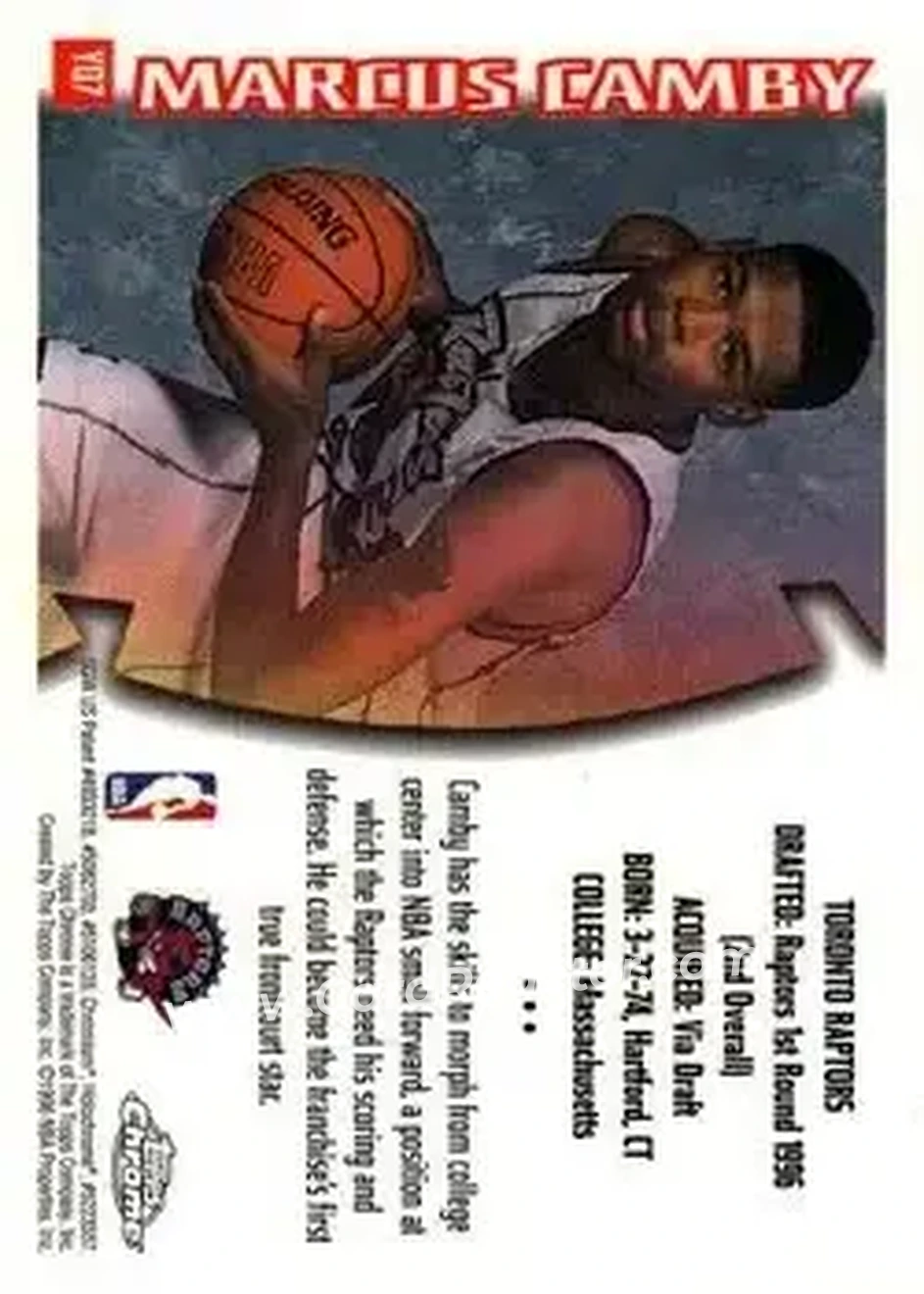 1996-97 Topps Chrome - Youthquake #YQ7 - Marcus Camby - Toronto Raptors - Back