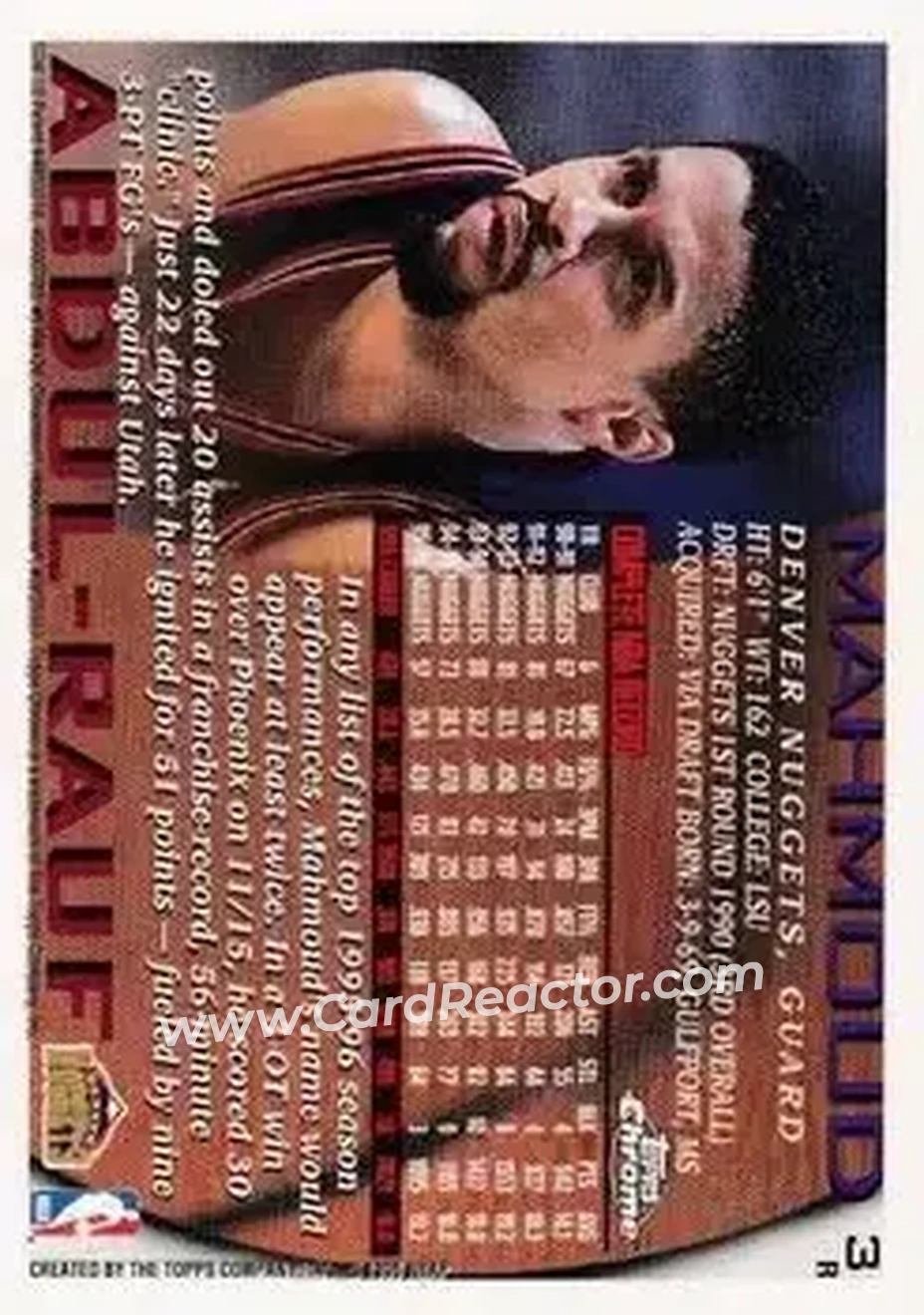 1996-97 Topps Chrome - Refractors #3R - Mahmoud Abdul-Rauf - Denver Nuggets - Back