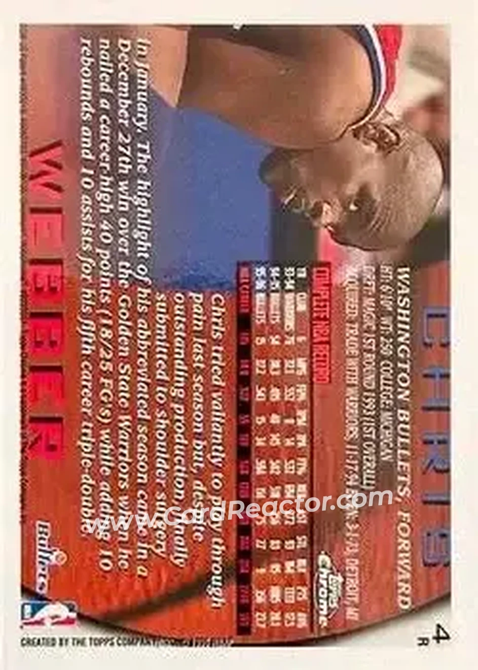 1996-97 Topps Chrome - Refractors #4R - Chris Webber - Washington Bullets - Back