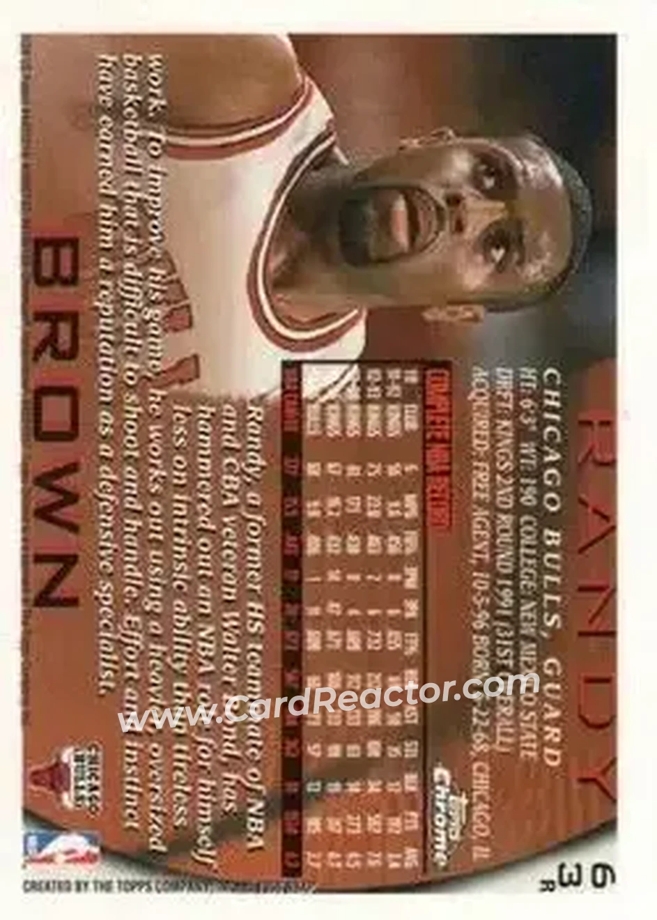 1996-97 Topps Chrome - Refractors #63R - Randy Brown - Chicago Bulls - Back