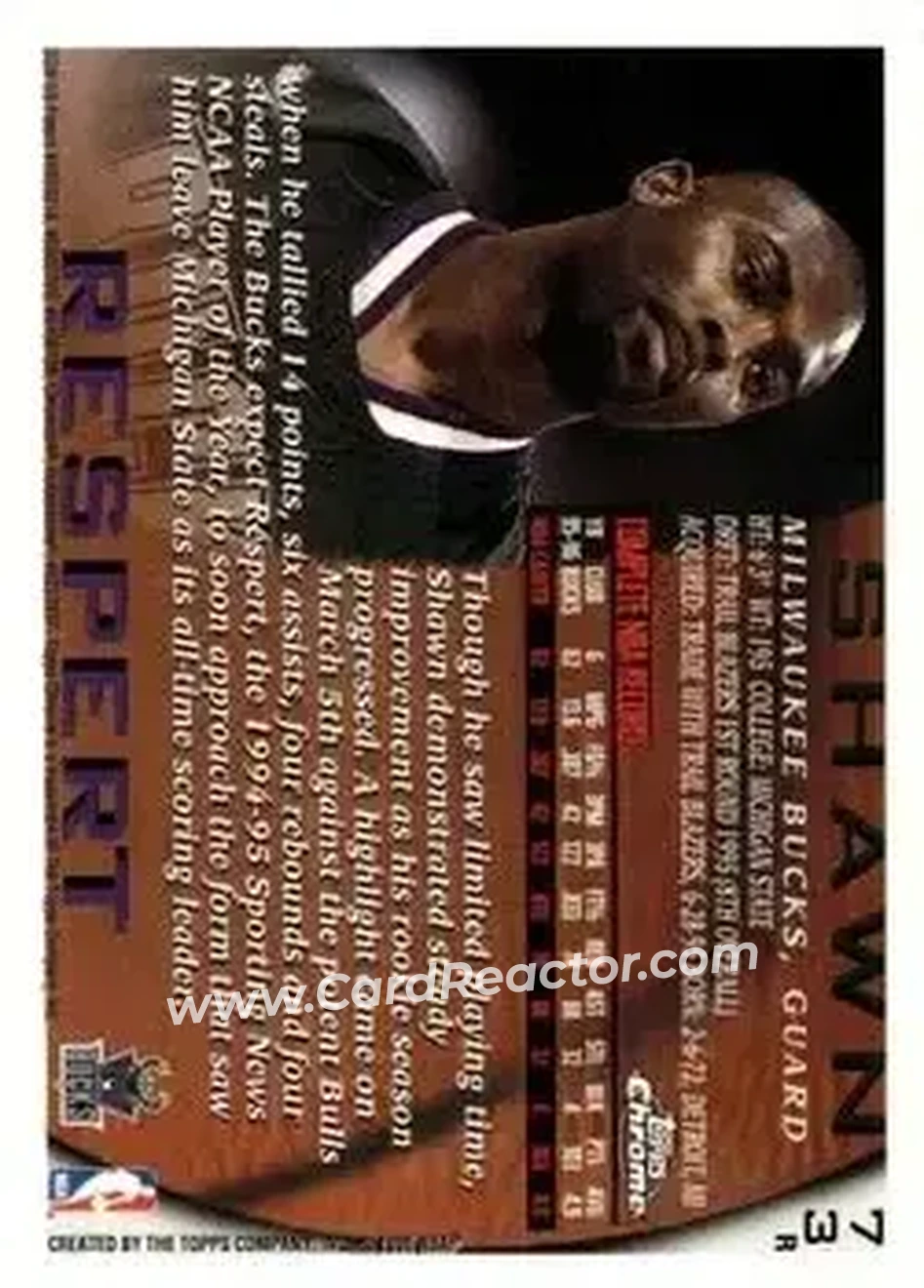 1996-97 Topps Chrome - Refractors #73R - Shawn Respert - Milwaukee Bucks - Back