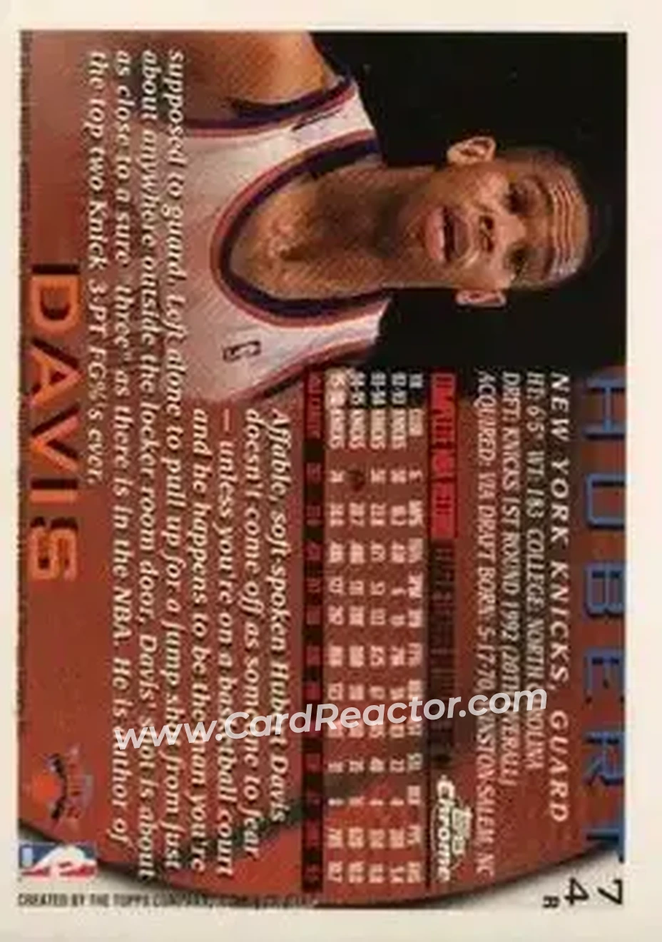 1996-97 Topps Chrome - Refractors #74R - Hubert Davis - New York Knicks - Back