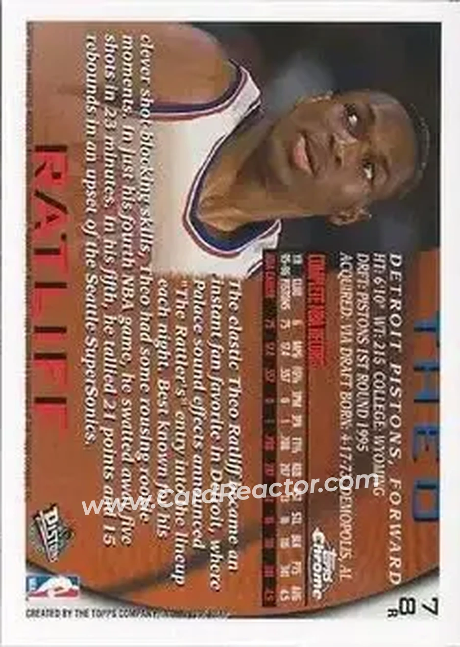 1996-97 Topps Chrome - Refractors #78R - Theo Ratliff - Detroit Pistons - Back