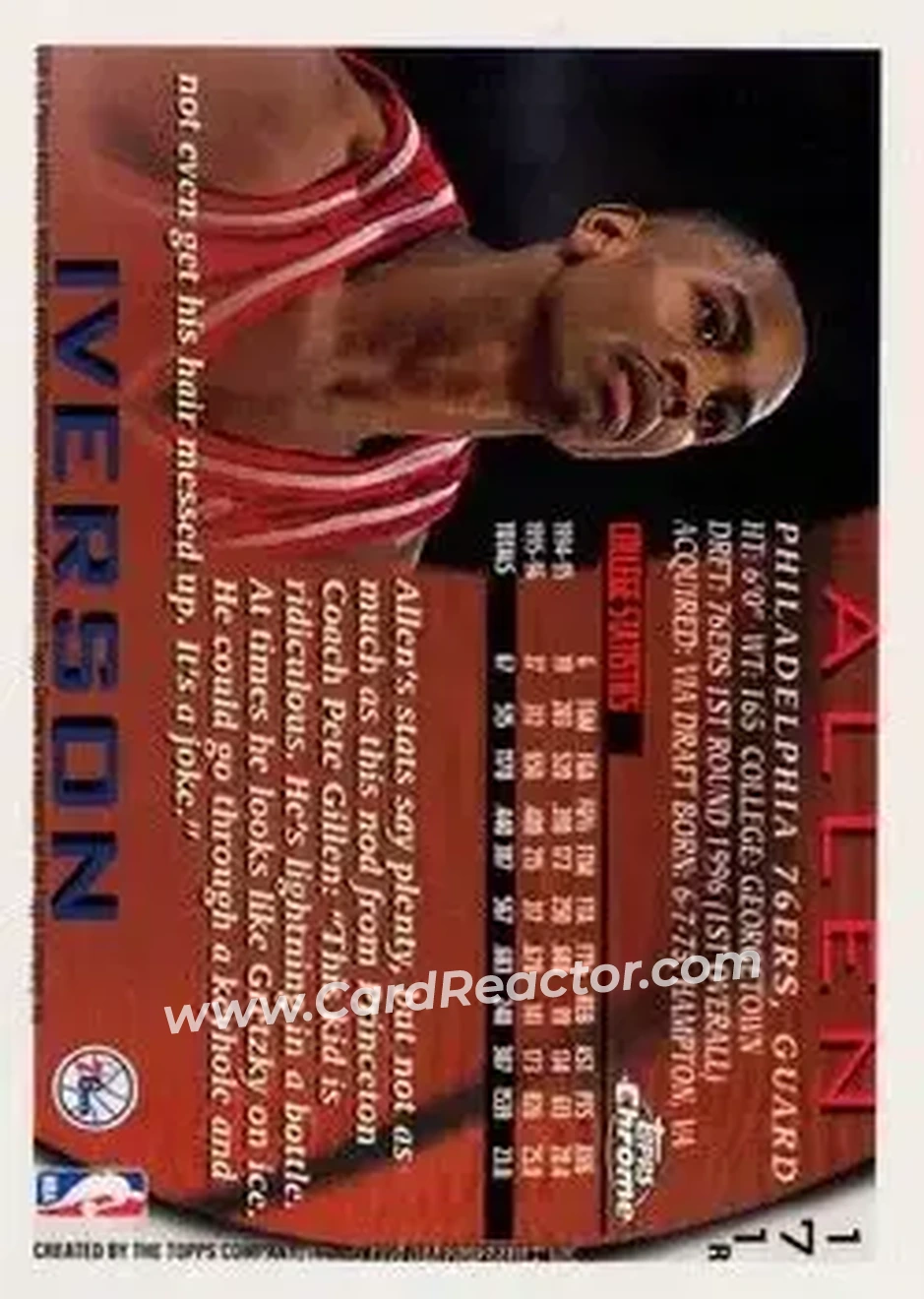 1996-97 Topps Chrome - Refractors #171R - Allen Iverson - Philadelphia 76ers - Back