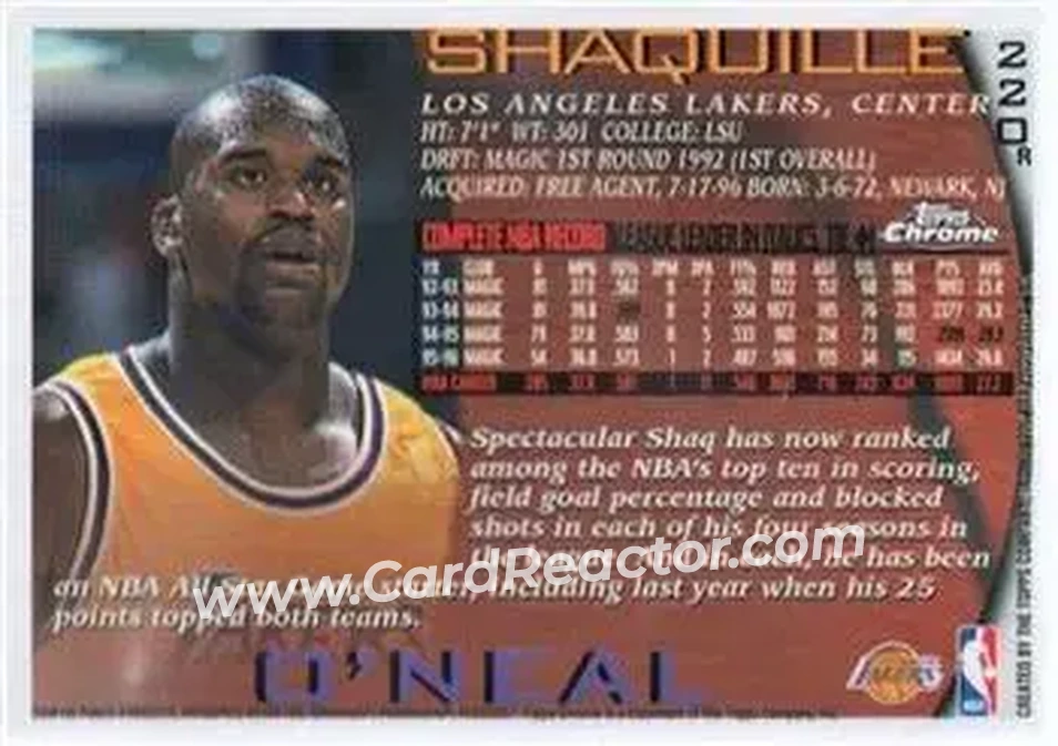 1996-97 Topps Chrome - Refractors #220R - Shaquille O'Neal - Los Angeles Lakers - Back