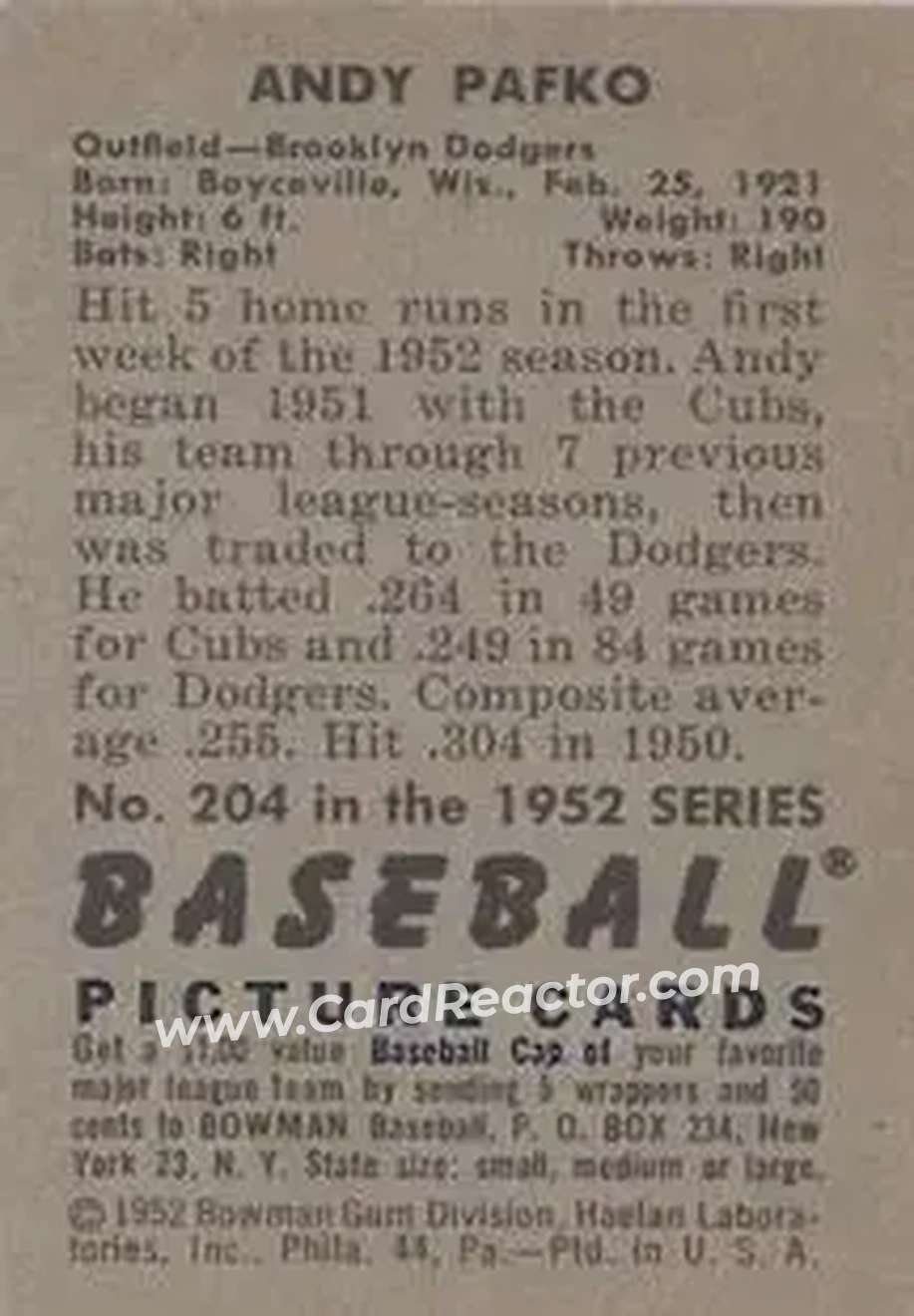 1952 Bowman #204 - Andy Pafko - Brooklyn Dodgers - Back
