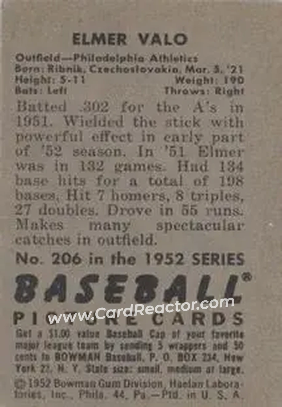 1952 Bowman #206 - Elmer Valo - Philadelphia Athletics - Back