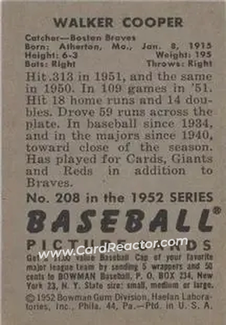 1952 Bowman #208 - Walker Cooper - Boston Braves - Back