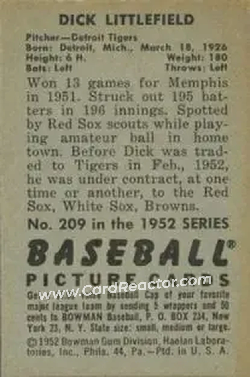 1952 Bowman #209 - Dick Littlefield - Detroit Tigers - Back
