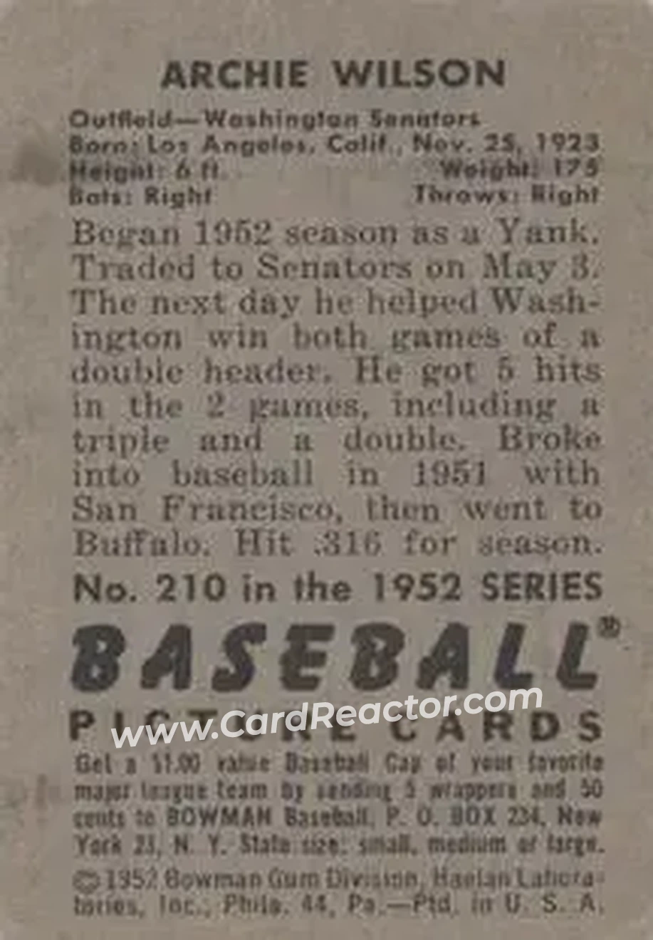 1952 Bowman #210 - Archie Wilson - Washington Senators - Back