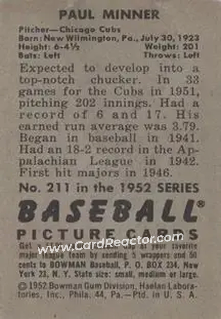 1952 Bowman #211 - Paul Minner - Chicago Cubs - Back