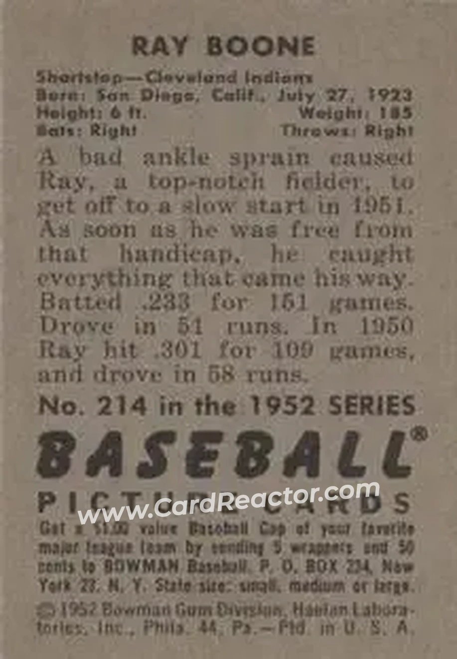 1952 Bowman #214 - Ray Boone - Cleveland Indians - Back