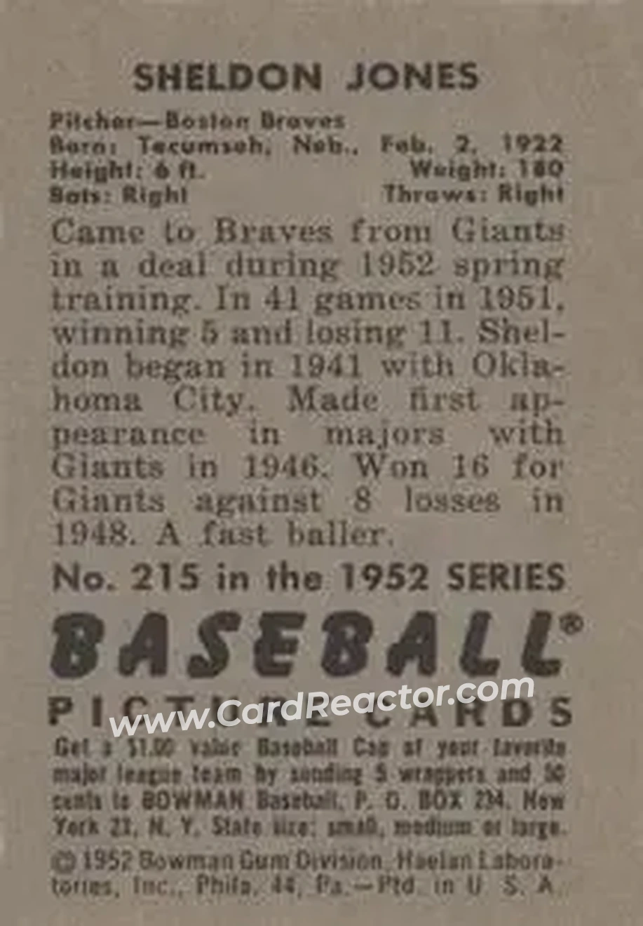 1952 Bowman #215 - Sheldon Jones - Boston Braves - Back