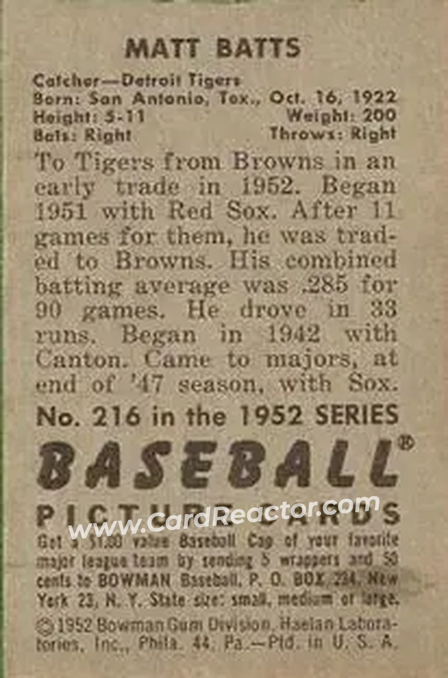 1952 Bowman #216 - Matt Batts - Detroit Tigers - Back