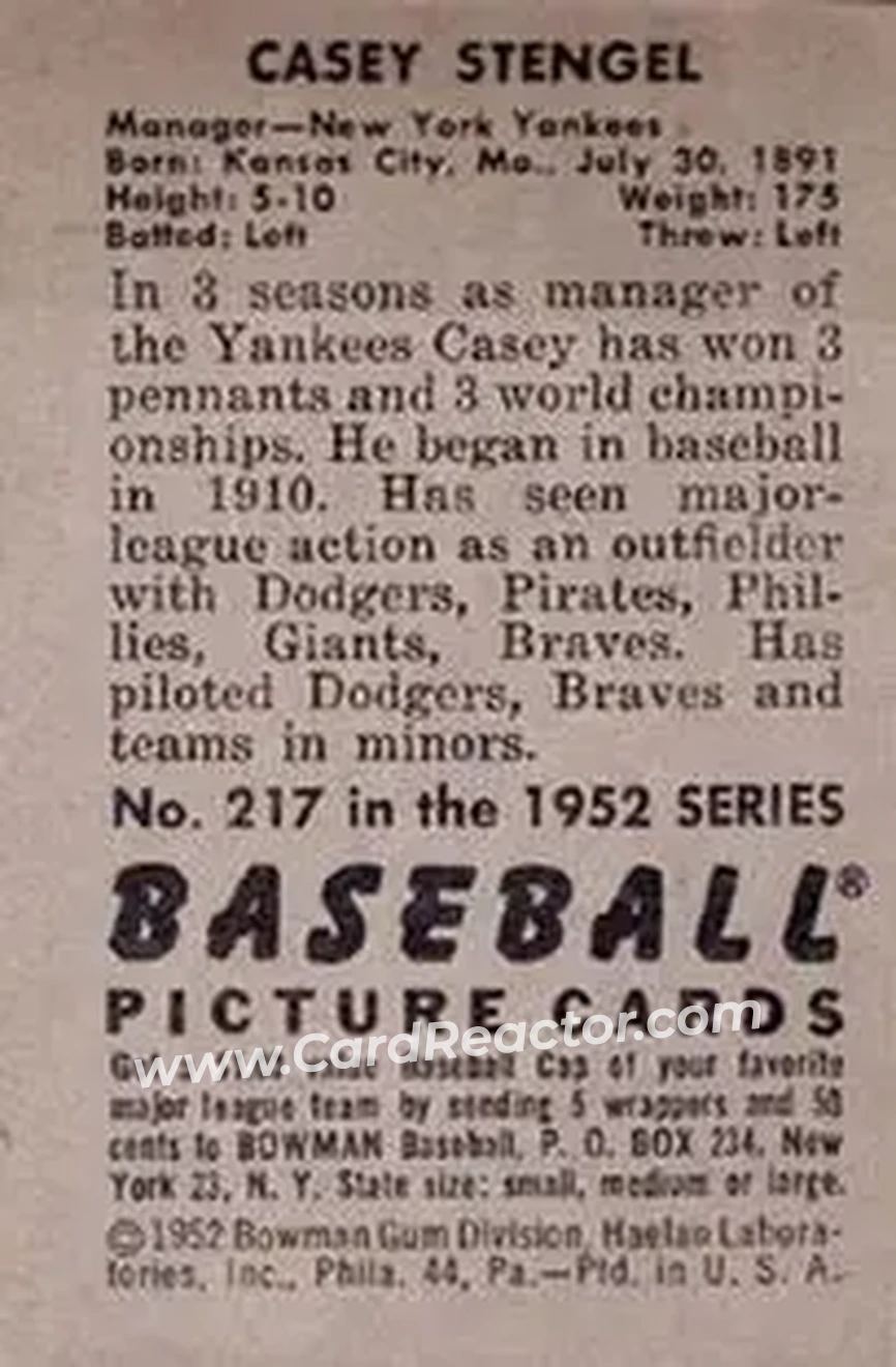 1952 Bowman #217 - Casey Stengel - New York Yankees - Back