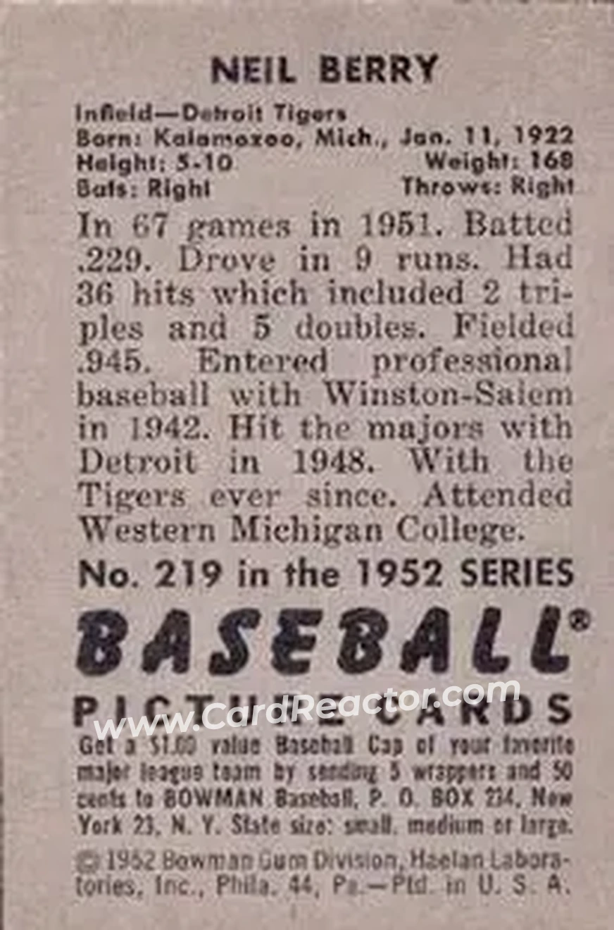 1952 Bowman #219 - Neil Berry - Detroit Tigers - Back