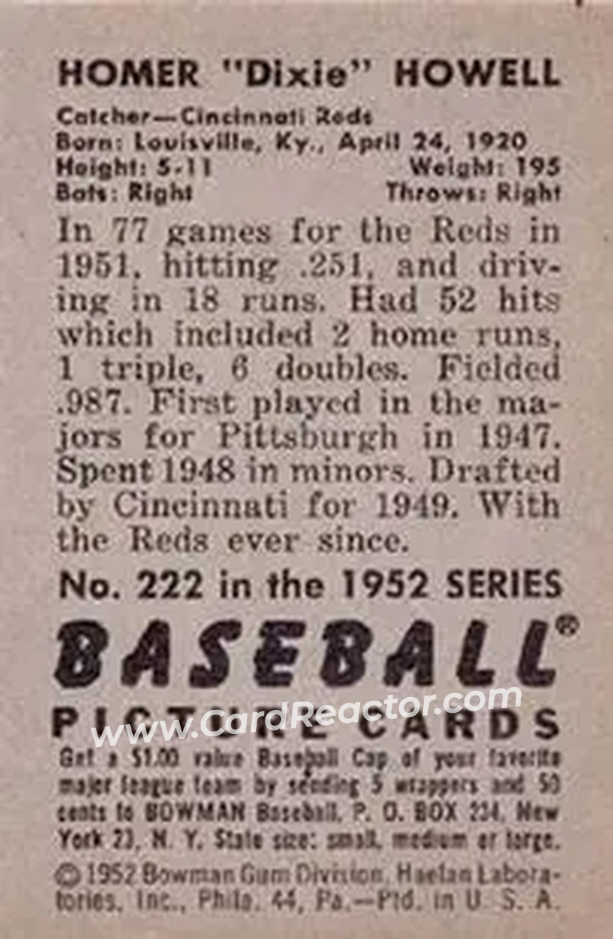 1952 Bowman #222 - Homer Howell - Cincinnati Reds - Back
