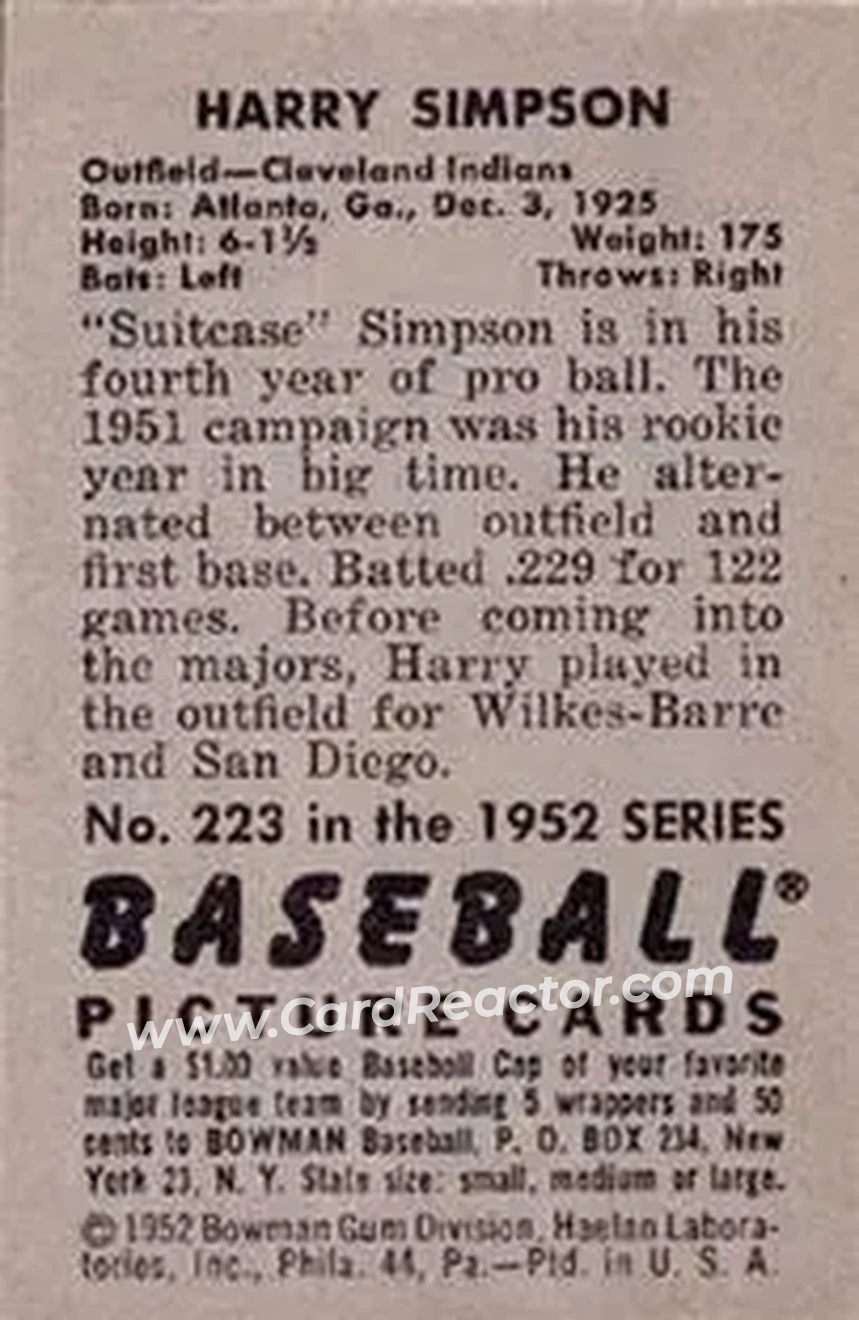 1952 Bowman #223 - Harry Simpson - Cleveland Indians - Back
