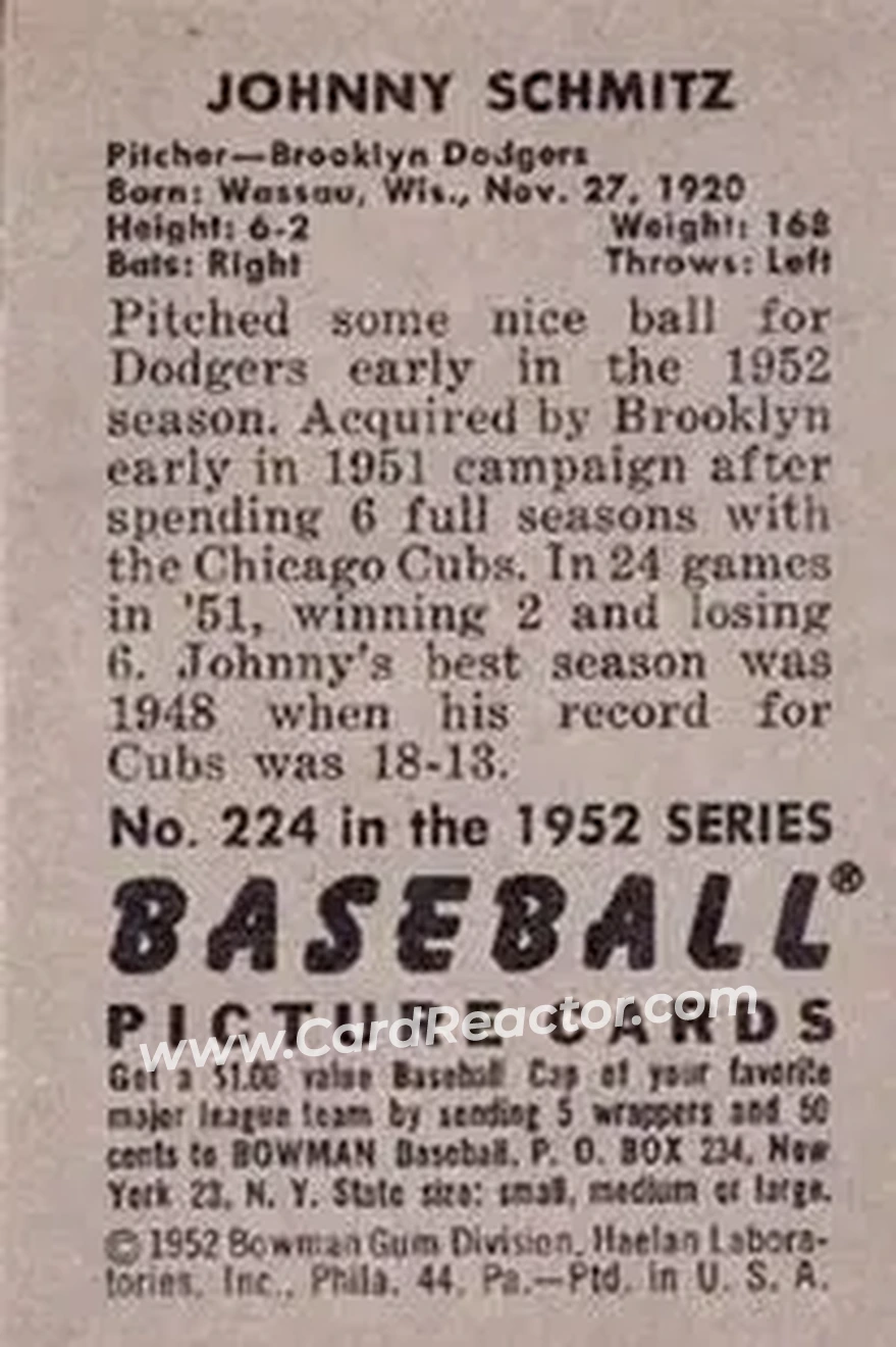 1952 Bowman #224 - Johnny Schmitz - Brooklyn Dodgers - Back