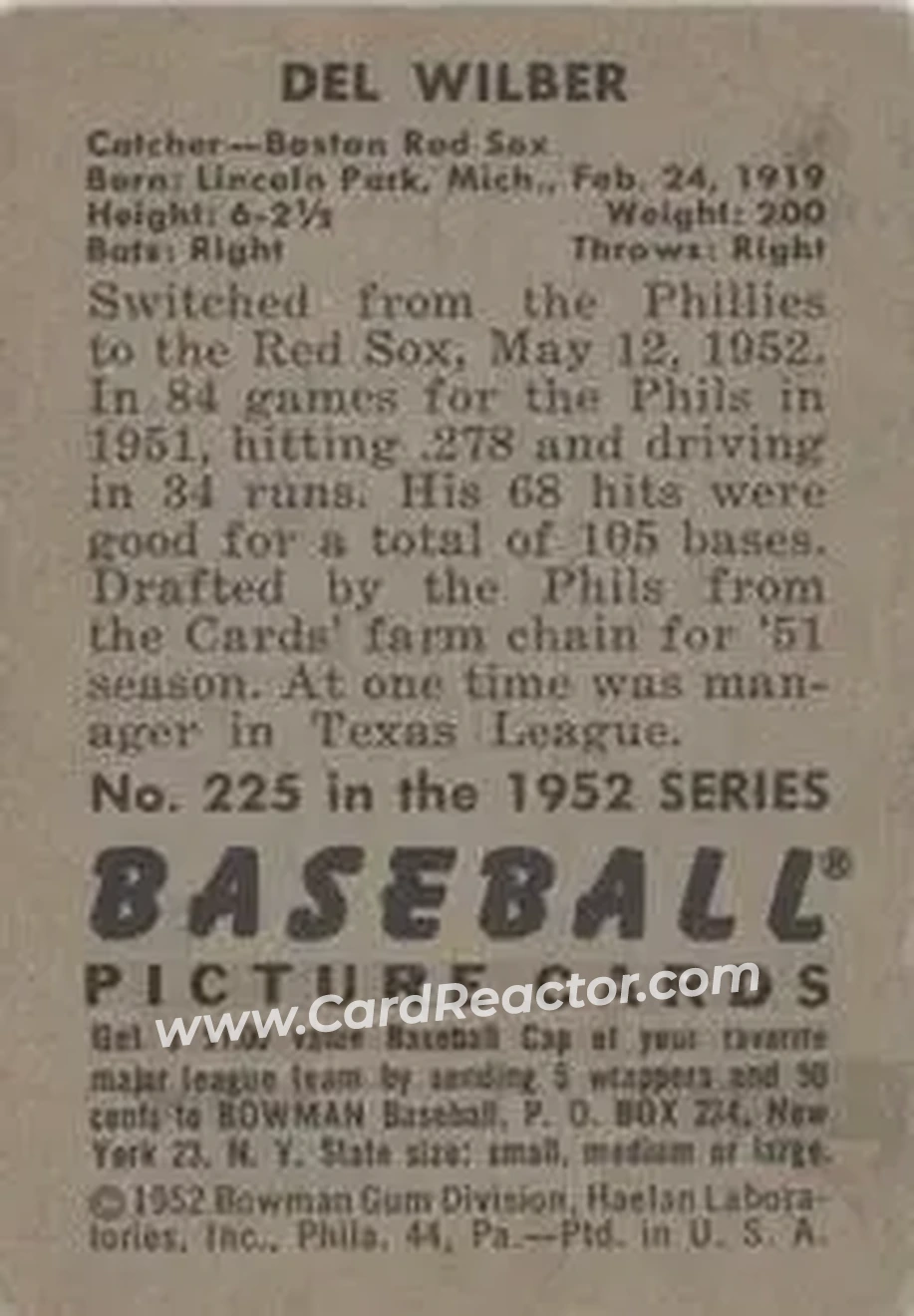 1952 Bowman #225 - Del Wilber - Boston Red Sox - Back