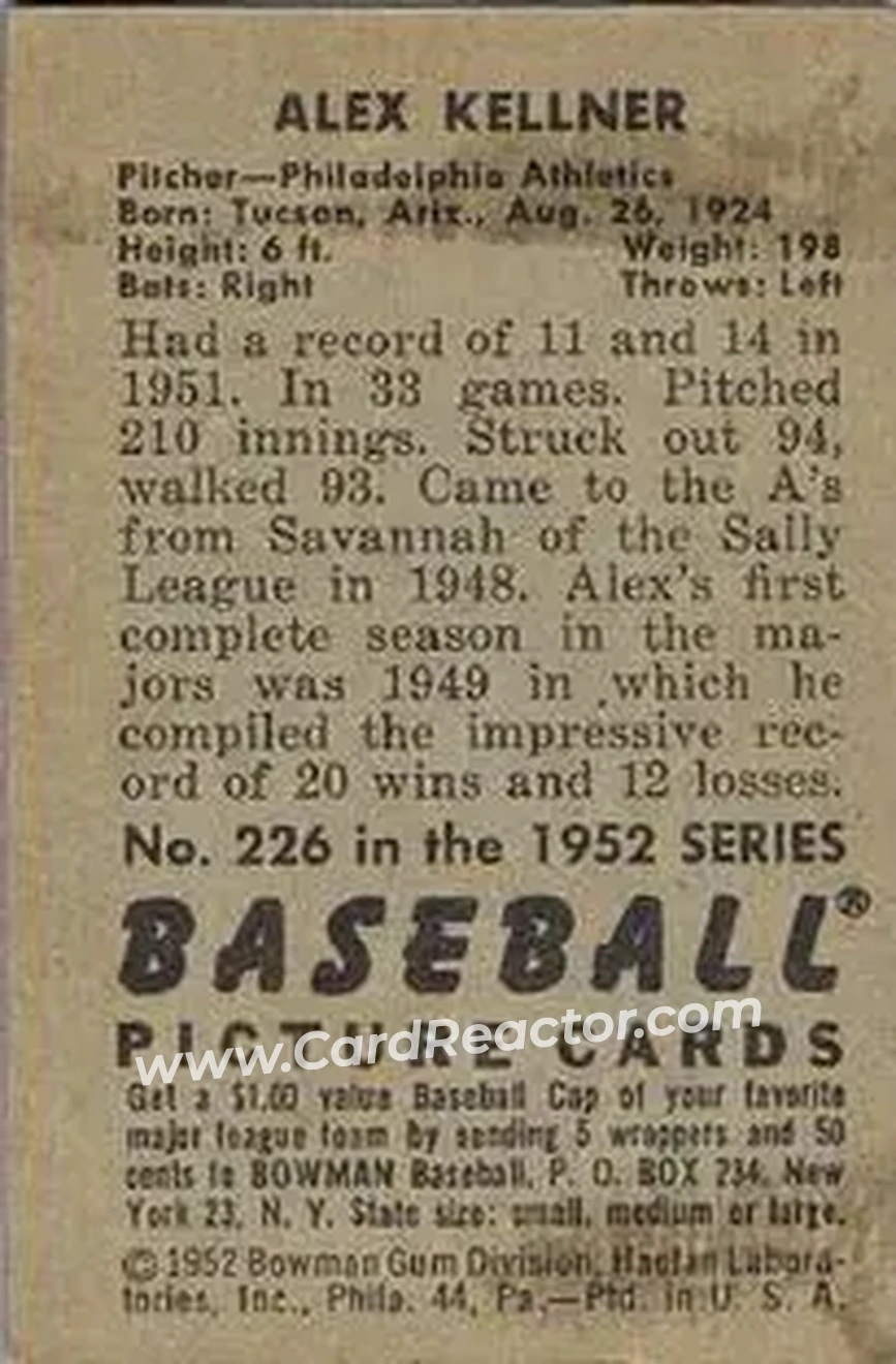 1952 Bowman #226 - Alex Kellner - Philadelphia Athletics - Back