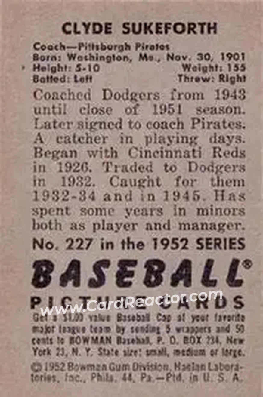 1952 Bowman #227 - Clyde Sukeforth - Pittsburgh Pirates - Back