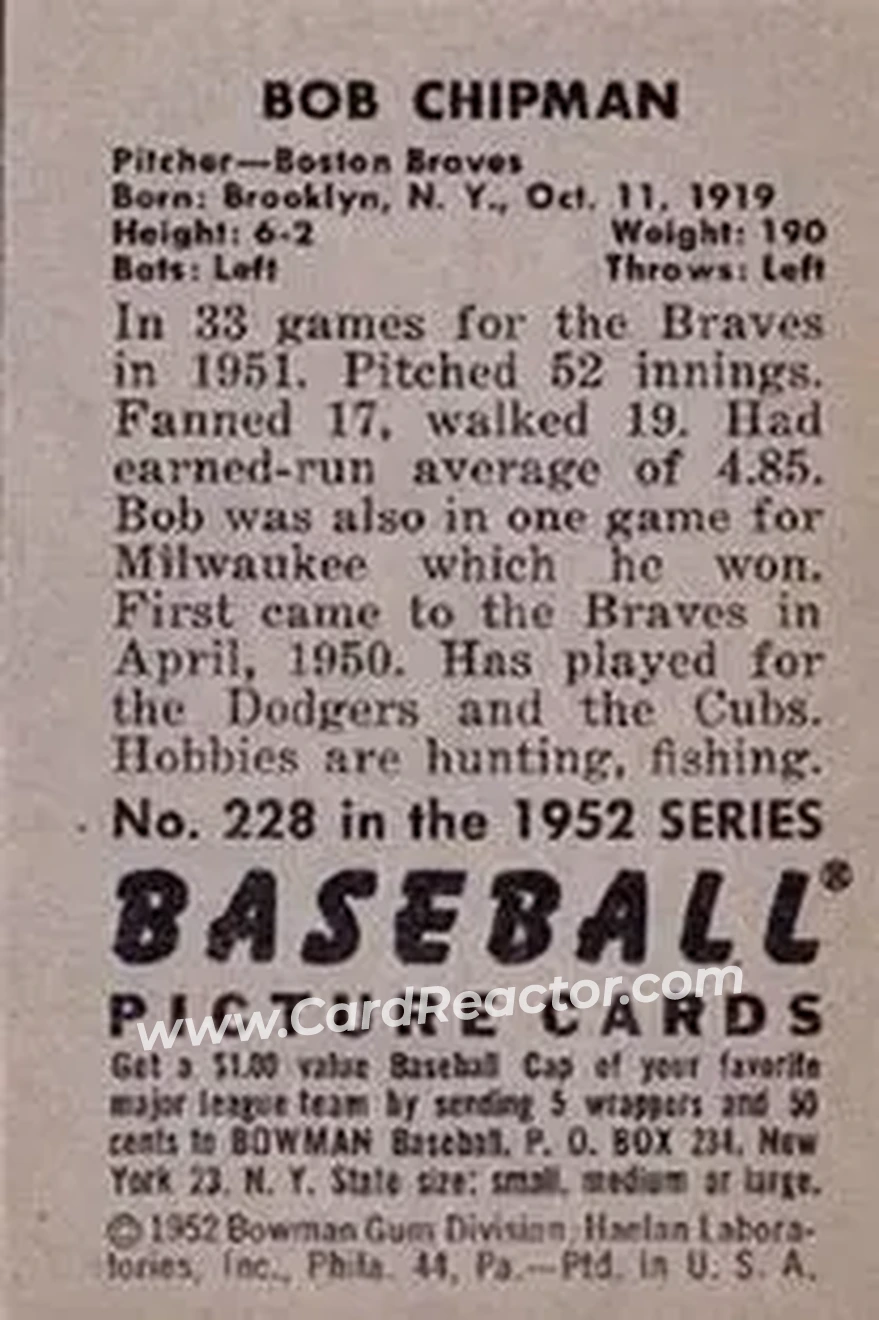 1952 Bowman #228 - Bob Chipman - Boston Braves - Back