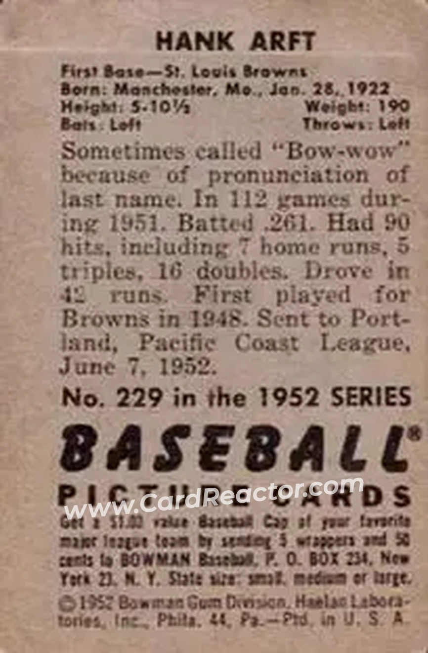 1952 Bowman #229 - Hank Arft - St. Louis Browns - Back