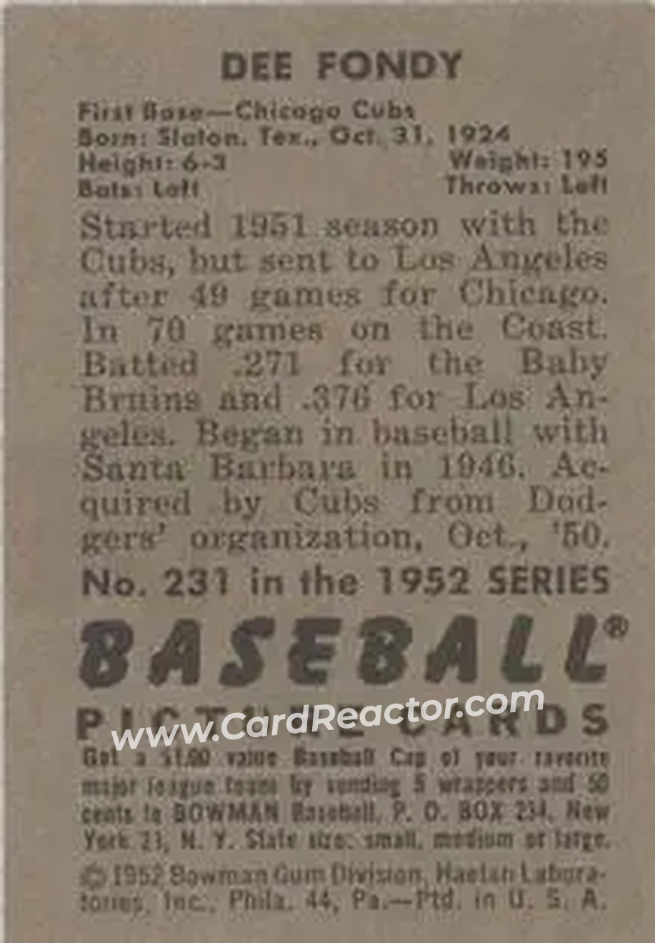 1952 Bowman #231 - Dee Fondy - Chicago Cubs - Back