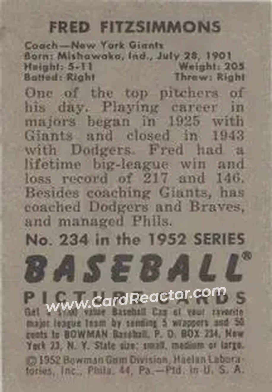 1952 Bowman #234 - Freddie Fitzsimmons - New York Giants - Back 1952 Bowman #234 - Freddie Fitzsimmons - New York Giants - Back