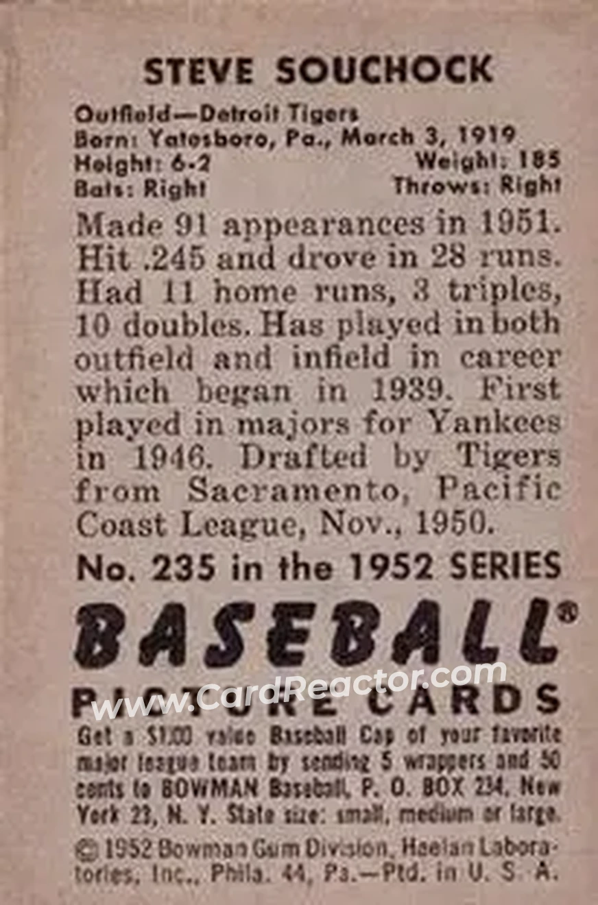 1952 Bowman #235 - Steve Souchock - Detroit Tigers - Back