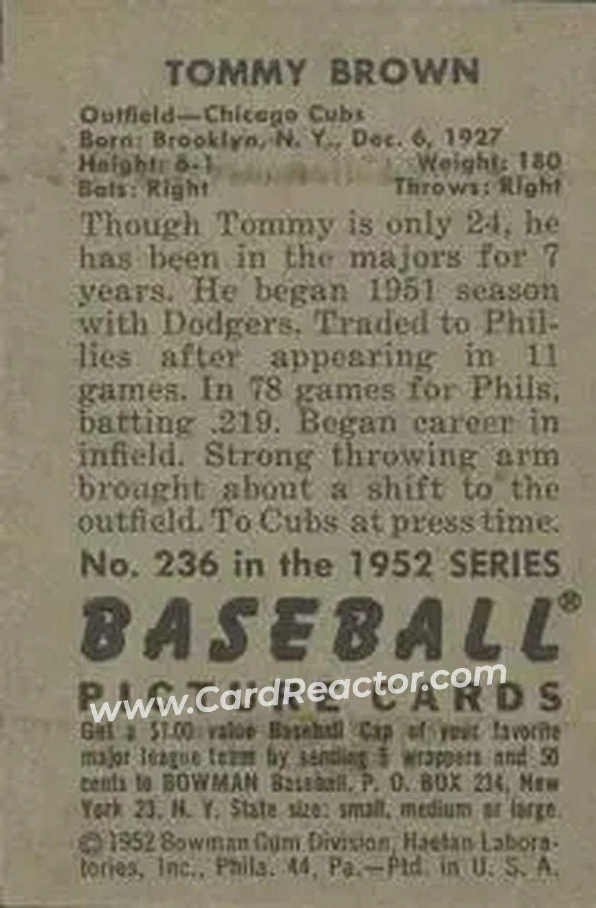 1952 Bowman #236 - Tommy Brown - Chicago Cubs - Back 1952 Bowman #236 - Tommy Brown - Chicago Cubs - Back
