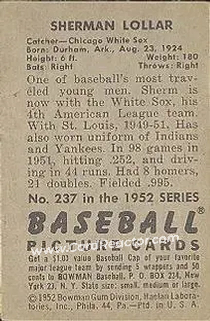 1952 Bowman #237 - Sherman Lollar - Chicago White Sox - Back 1952 Bowman #237 - Sherman Lollar - Chicago White Sox - Back