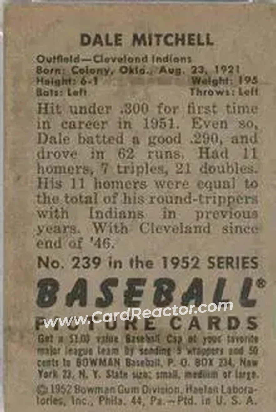 1952 Bowman #239 - Dale Mitchell - Cleveland Indians - Back