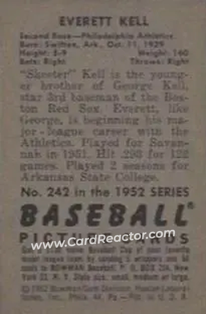 1952 Bowman #242 - Everett Kell - Philadelphia Athletics - Back