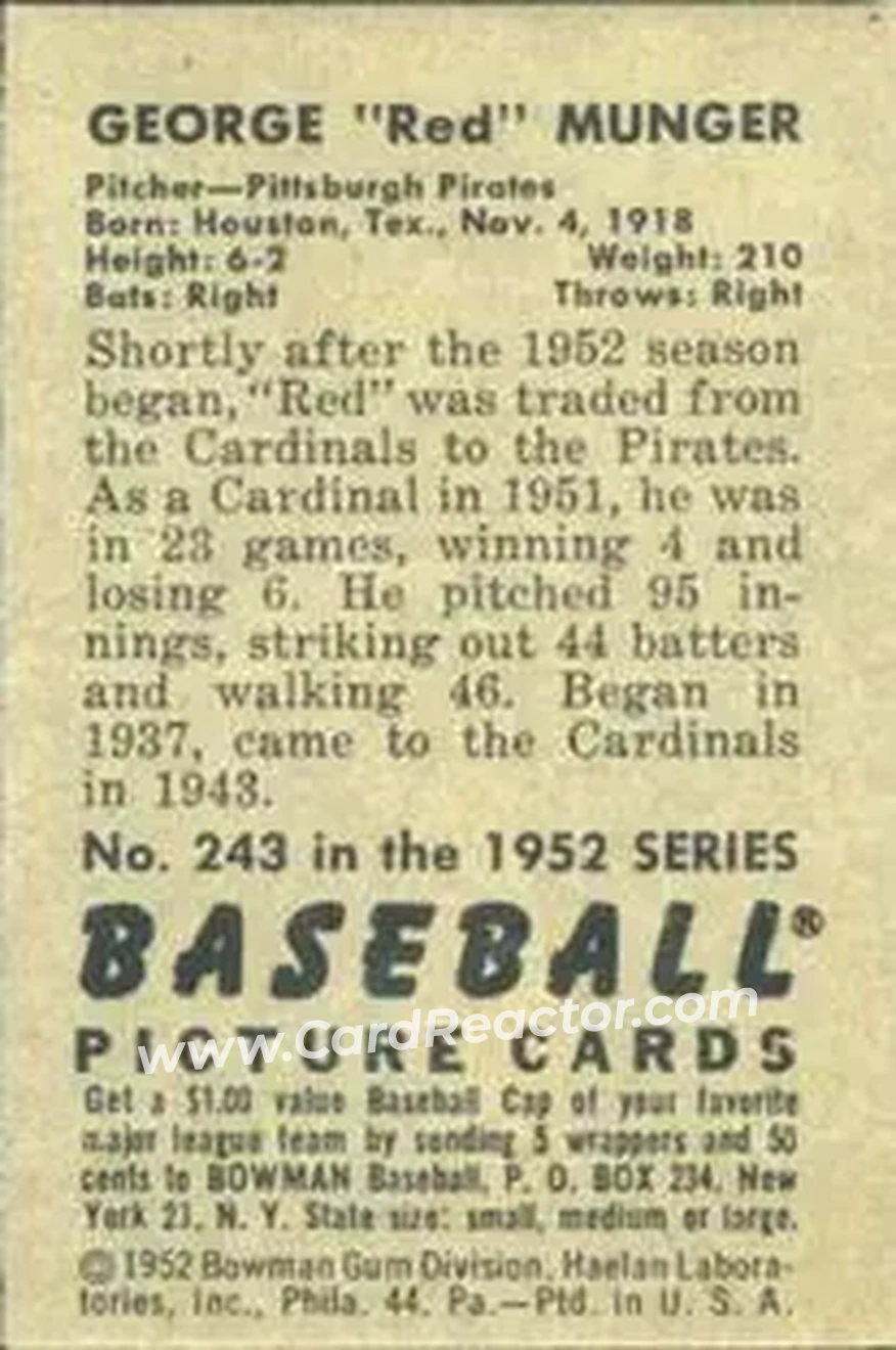 1952 Bowman #243 - George Munger - Pittsburgh Pirates - Back
