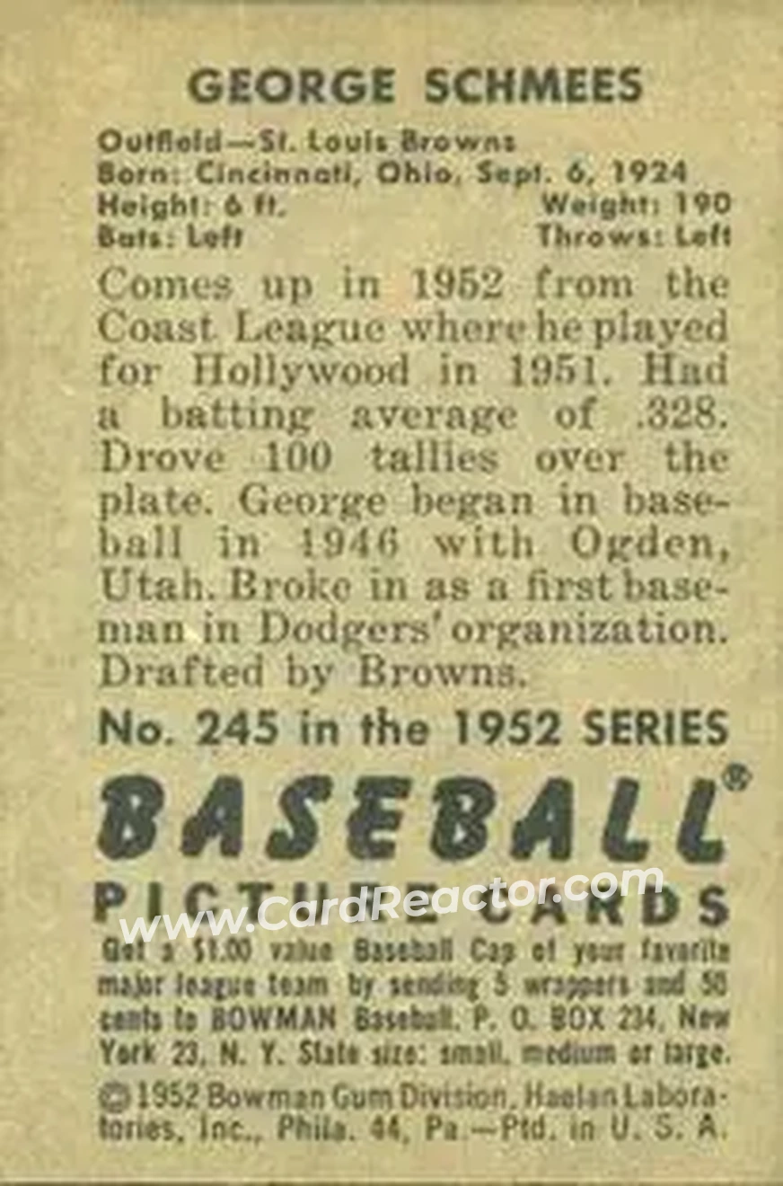 1952 Bowman #245 - George Schmees - St. Louis Browns - Back