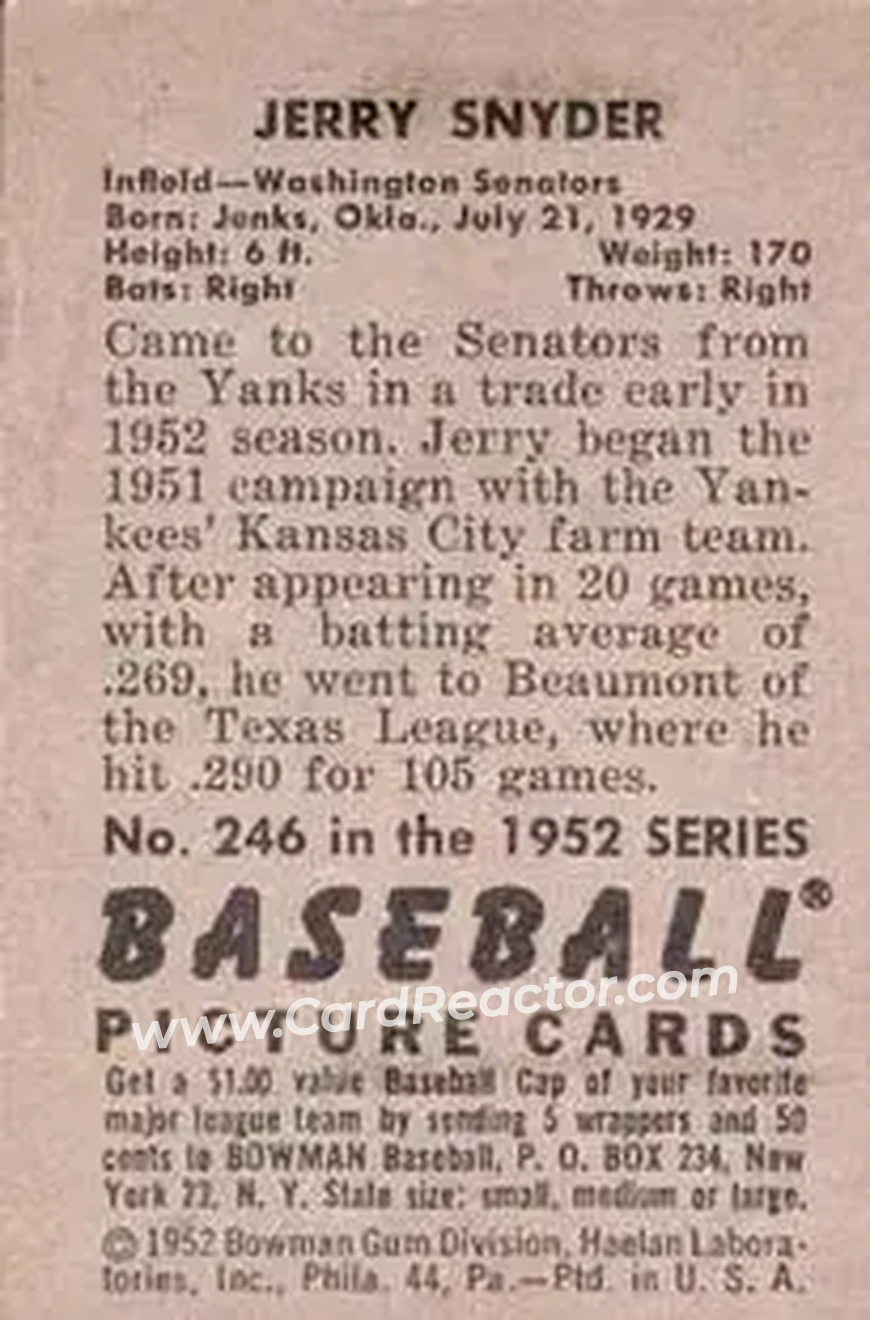 1952 Bowman #246 - Jerry Snyder - Washington Senators - Back