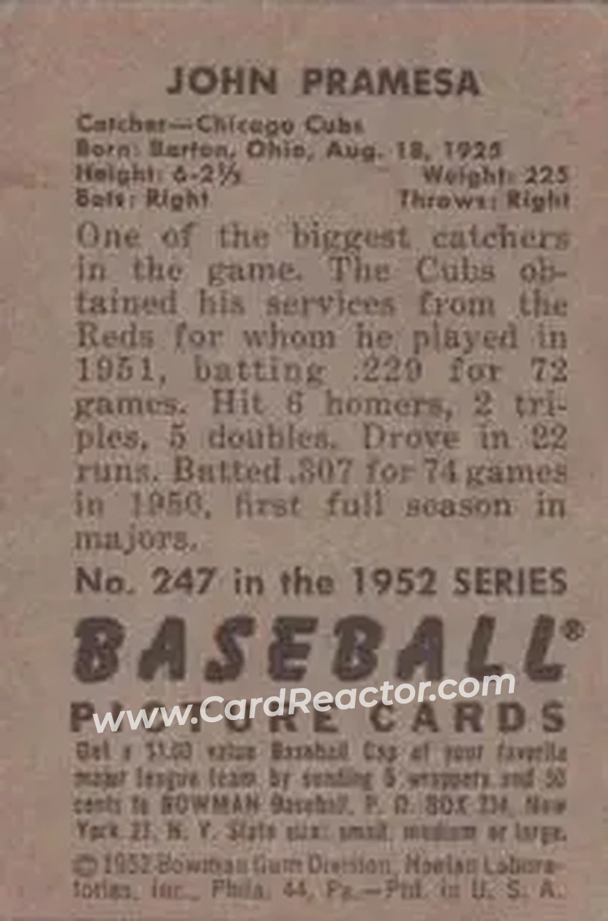 1952 Bowman #247 - Johnny Pramesa - Chicago Cubs - Back