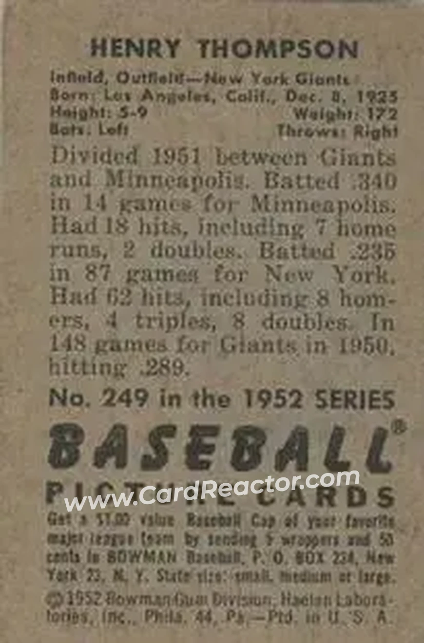 1952 Bowman #249 - Henry Thompson - New York Giants - Back