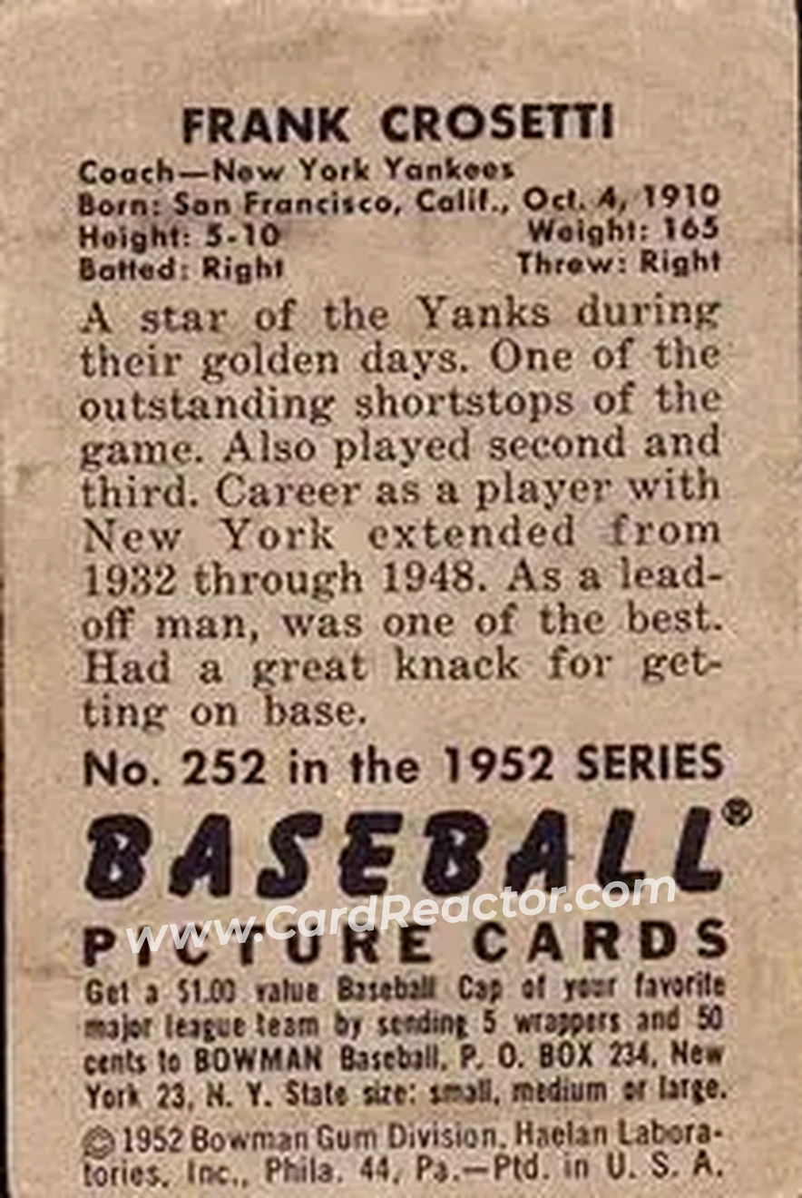 1952 Bowman #252 - Frankie Crosetti - New York Yankees - Back