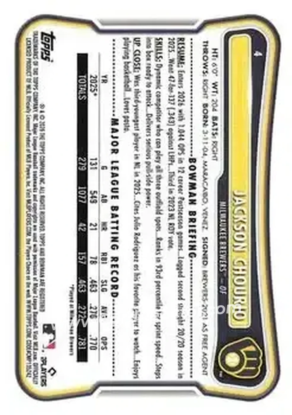 2026 Bowman #4 - Jackson Chourio - Milwaukee Brewers - Back 2026 Bowman #4 - Jackson Chourio - Milwaukee Brewers - Back
