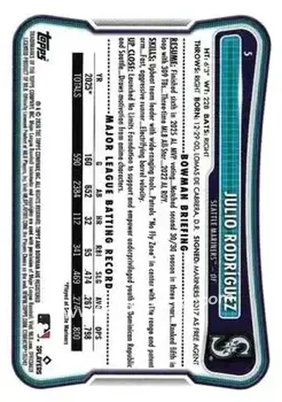 2026 Bowman #5 - Julio Rodríguez - Seattle Mariners - Back 2026 Bowman #5 - Julio Rodríguez - Seattle Mariners - Back