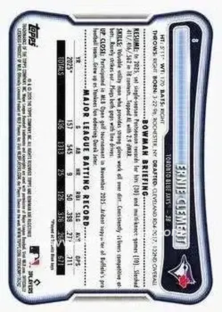2026 Bowman #8 - Ernie Clement - Toronto Blue Jays - Back 2026 Bowman #8 - Ernie Clement - Toronto Blue Jays - Back